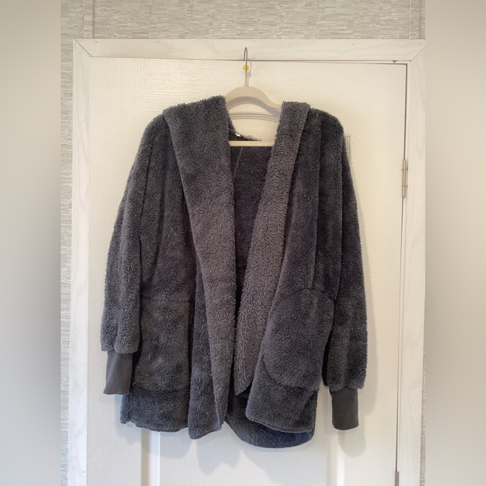 Anna Kaci Plush Hooded Open-Front Cardigan Sweater - Charcoal XL EUC